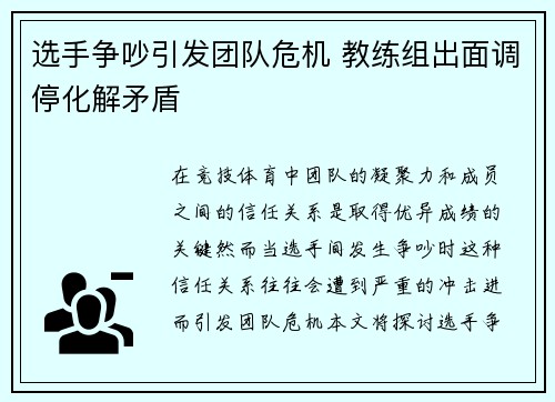 选手争吵引发团队危机 教练组出面调停化解矛盾