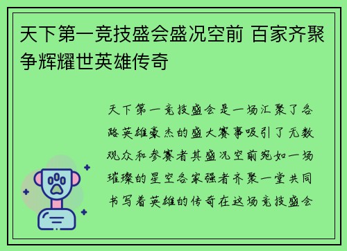 天下第一竞技盛会盛况空前 百家齐聚争辉耀世英雄传奇