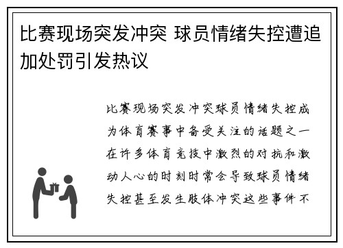 比赛现场突发冲突 球员情绪失控遭追加处罚引发热议