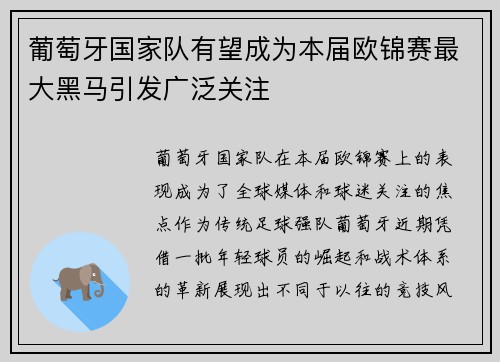 葡萄牙国家队有望成为本届欧锦赛最大黑马引发广泛关注