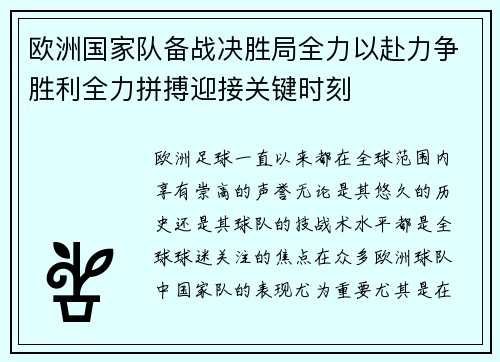 欧洲国家队备战决胜局全力以赴力争胜利全力拼搏迎接关键时刻