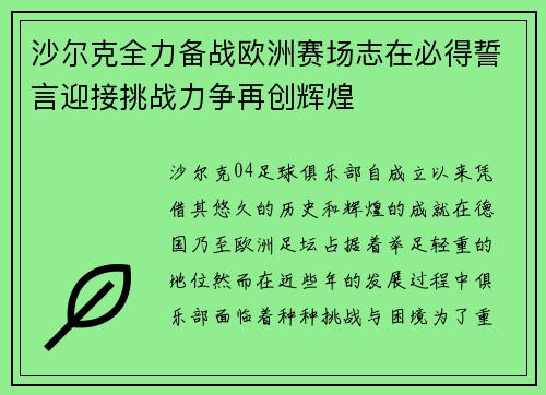 沙尔克全力备战欧洲赛场志在必得誓言迎接挑战力争再创辉煌