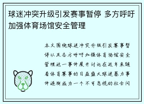 球迷冲突升级引发赛事暂停 多方呼吁加强体育场馆安全管理
